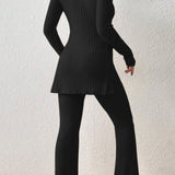 Ribbed Long Sleeve Slit Top and Bootcut Pants Set