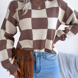 Checkered Mock Neck Long Sleeve Sweater