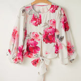 Tied Floral Round Neck Three-Quarter Sleeve Blouse