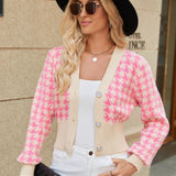 Houndstooth Button Up Long Sleeve Cardigan