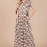 Ces Femme Checkered Half Button Cap Sleeve Jumpsuit