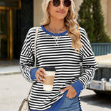 Slit Striped Round Neck Long Sleeve Sweatshirt