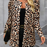 Leopard Open Front Puff Sleeve Jacket