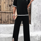 Contrast Trim Round Neck Top and Pants Set