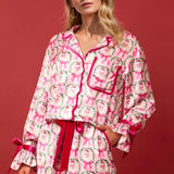 Tied Printed Collared Neck Long Sleeve Top and Shorts Set