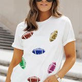 Sequin Football Round Neck Short Sleeve T-Shirt