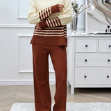 Devine Slit Striped Round Neck Top and Pants Sweater Set