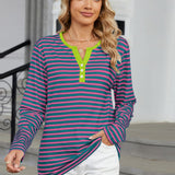 Striped Notched Long Sleeve T-Shirt