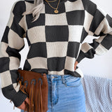 Checkered Mock Neck Long Sleeve Sweater