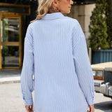 Pocketed Striped Collared Neck Long Sleeve Shirt