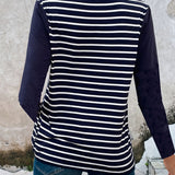 Decorative Button Striped Round Neck Long Sleeve T-Shirt