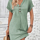 Quarter Button V-Neck Short Sleeve Dress