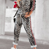 Leopard Round Neck Long Sleeve Top and Pants Set