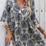 Lace Detail Printed V-Neck Mini Dress