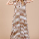 Ces Femme Checkered Half Button Cap Sleeve Jumpsuit
