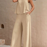 Round Neck Sleeveless Top and Wide Leg Pants Set