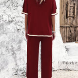 Contrast Trim Round Neck Top and Pants Set