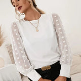 Swiss Dot Round Neck Long Sleeve Blouse