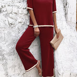 Contrast Trim Round Neck Top and Pants Set