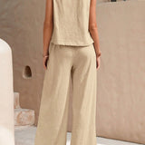 Round Neck Sleeveless Top and Wide Leg Pants Set