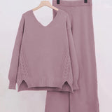 Slit V-Neck Long Sleeve Top and Pants Sweater Set