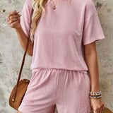 Textured Round Neck Short Sleeve Top and Shorts Set