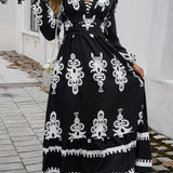 Ruffled Printed Plunge Long Sleeve Dress