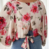 Tied Floral Round Neck Three-Quarter Sleeve Blouse