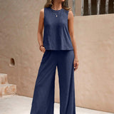 Round Neck Sleeveless Top and Wide Leg Pants Set