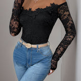 Perfee Lace Off-Shoulder Long Sleeve Bodysuit