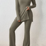 Ribbed Long Sleeve Slit Top and Bootcut Pants Set