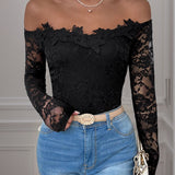 Perfee Lace Off-Shoulder Long Sleeve Bodysuit