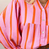 Striped Notched Long Sleeve Blouse