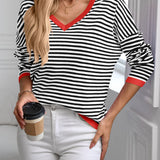 Contrast Trim Striped V-Neck Long Sleeve Knit Top