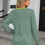 Striped Notched Long Sleeve T-Shirt