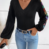 V-Neck Crochet Long Sleeve Top