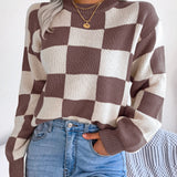 Checkered Mock Neck Long Sleeve Sweater