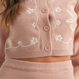 MABLE Floral Embroidered Crop Cardigan and Ruffled Mini Skirt Set