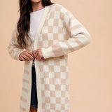 Annie Wear Checkered & Striped Open Front Long Sleeve Cardigan