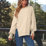 Slit Round Neck Long Sleeve Sweatshirt