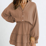 Ruffled Notched Balloon Sleeve Mini Dress