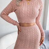 Cable-Knit Round Neck Top and Skirt Sweater Set