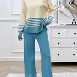 Devine Slit Striped Round Neck Top and Pants Sweater Set