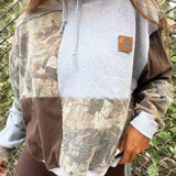 Full Size Drawstring Patchwork Long Sleeve Hoodie