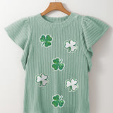Sequin Lucky Clover Round Neck Cap Sleeve Blouse