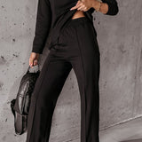 Round Neck Long Sleeve Top and Pocketed Pants Set