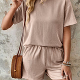 Textured Round Neck Short Sleeve Top and Shorts Set