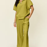 Double Take Full Size Texture Half Zip Short Sleeve Top and Pants Set