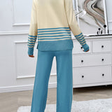 Devine Slit Striped Round Neck Top and Pants Sweater Set