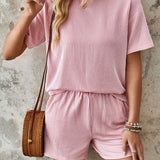 Textured Round Neck Short Sleeve Top and Shorts Set